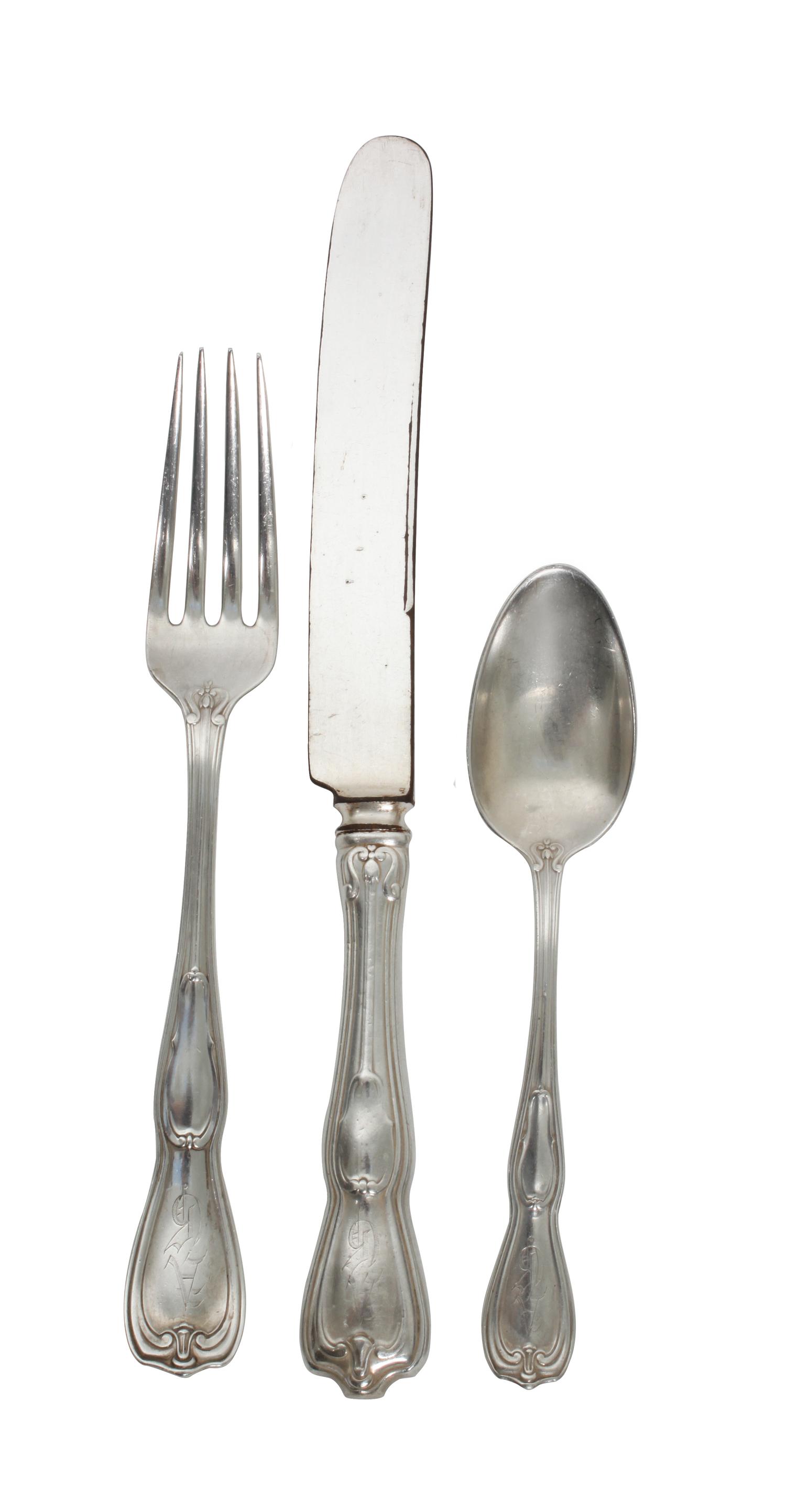An American Silver Flatware Service, Hess & Culbertson, St. Louis Missouri, comprising: 10 dinner knives 10 luncheon knives 17 dinner f