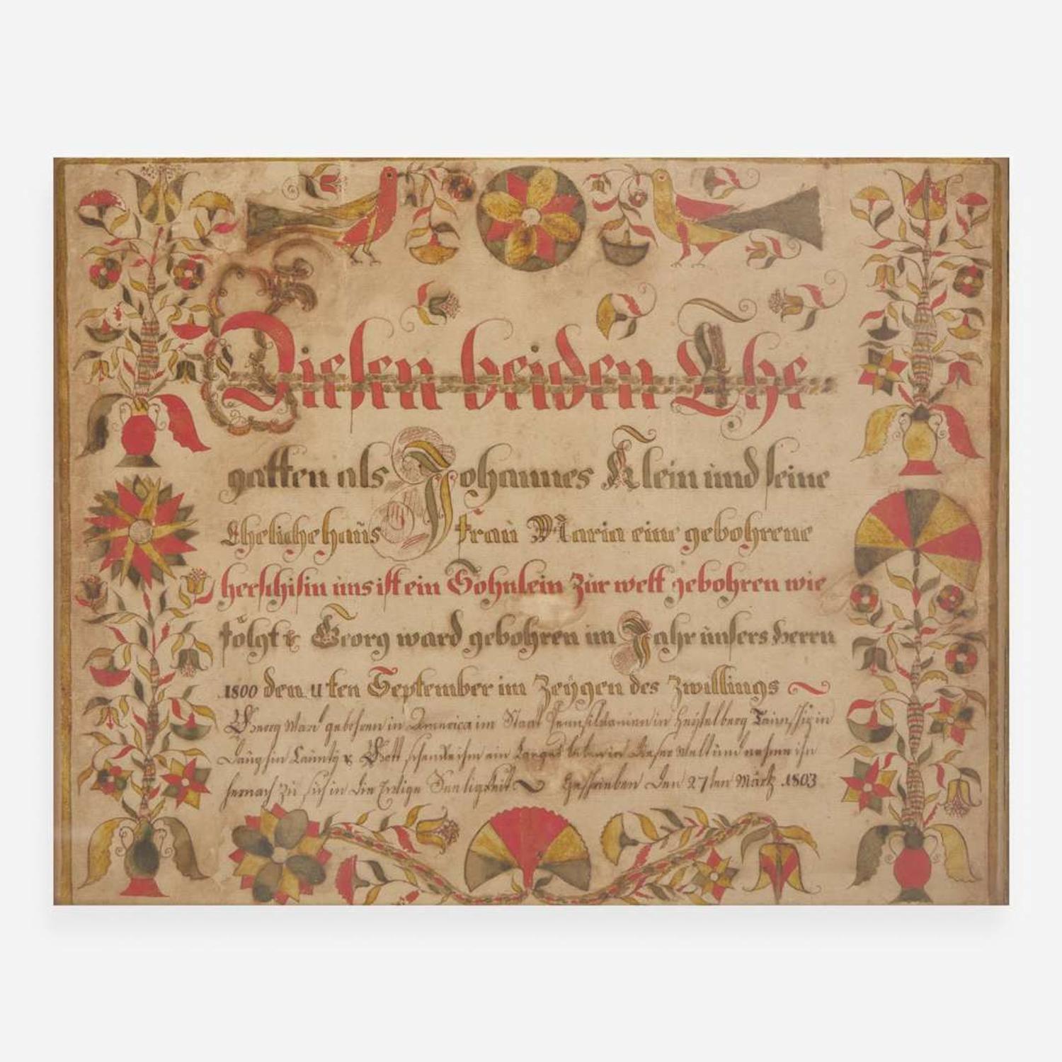 A Fraktur birth and baptismal record for George Klein; Dated "27th March 1803"