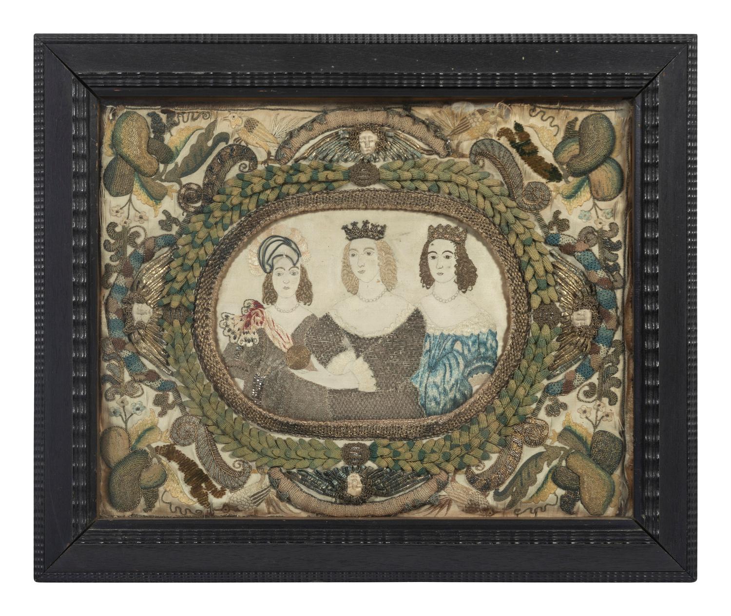 A Queen Anne Embroidered Stumpwork Picture of Three Noblewomen