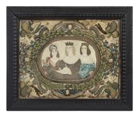 A Queen Anne Embroidered Stumpwork Picture of Three Noblewomen