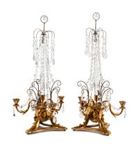A Pair of French Gilt Bronze, Cut Glass and Rock Crystal Three-Light Candelabra
