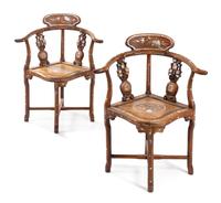 A Pair of Mother-of-Pearl Inlaid Hardwood Chairs Height 33 1/2 inches. — EARLY 20TH CENTURY