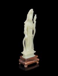 A Pale Celadon Jade Figure of Standing Guanyin