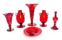 Six Venetian Red Glass Table Articles Height of tallest 12 1/4 inches.