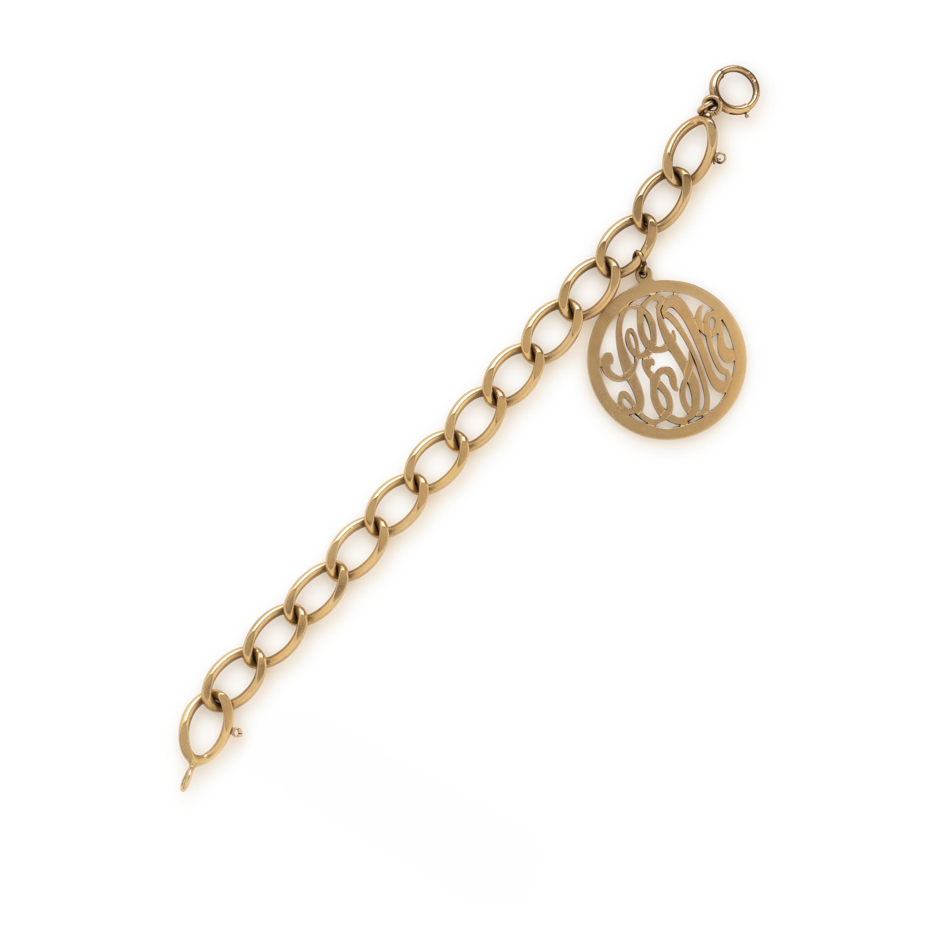 Yellow Gold Chain Bracelet with Monogram Charm