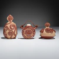 Red and Tan Carved Miniature Pottery