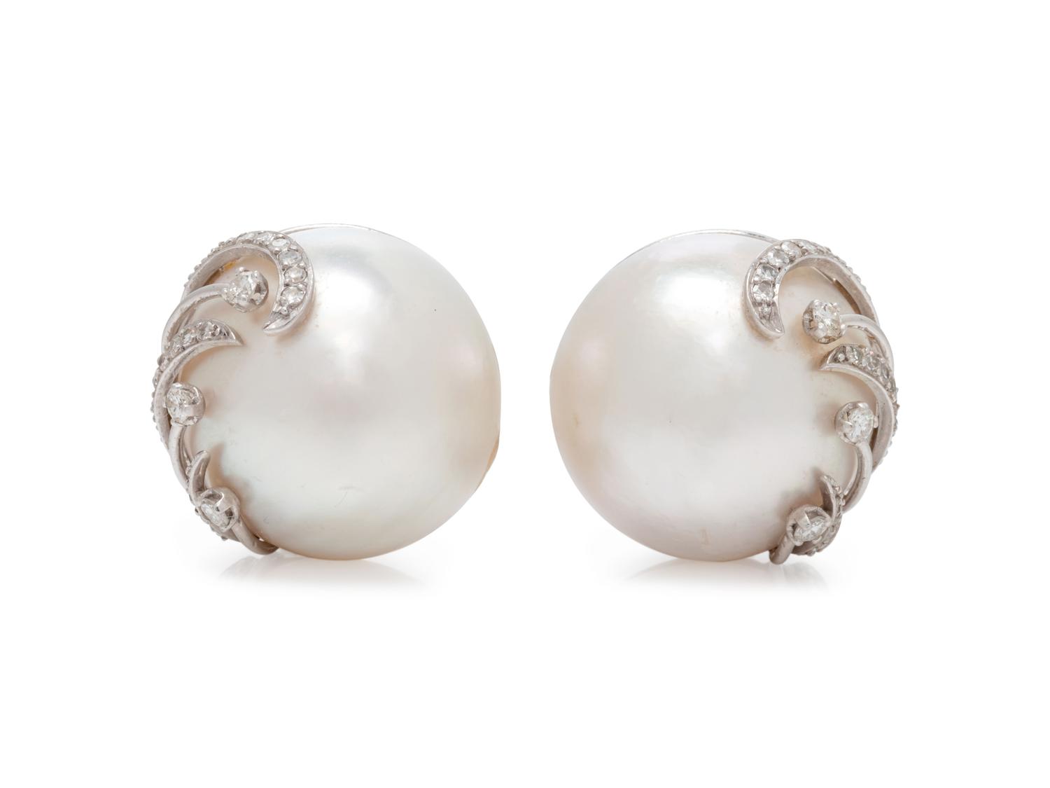 MABÉ PEARL AND DIAMOND EARCLIPS
