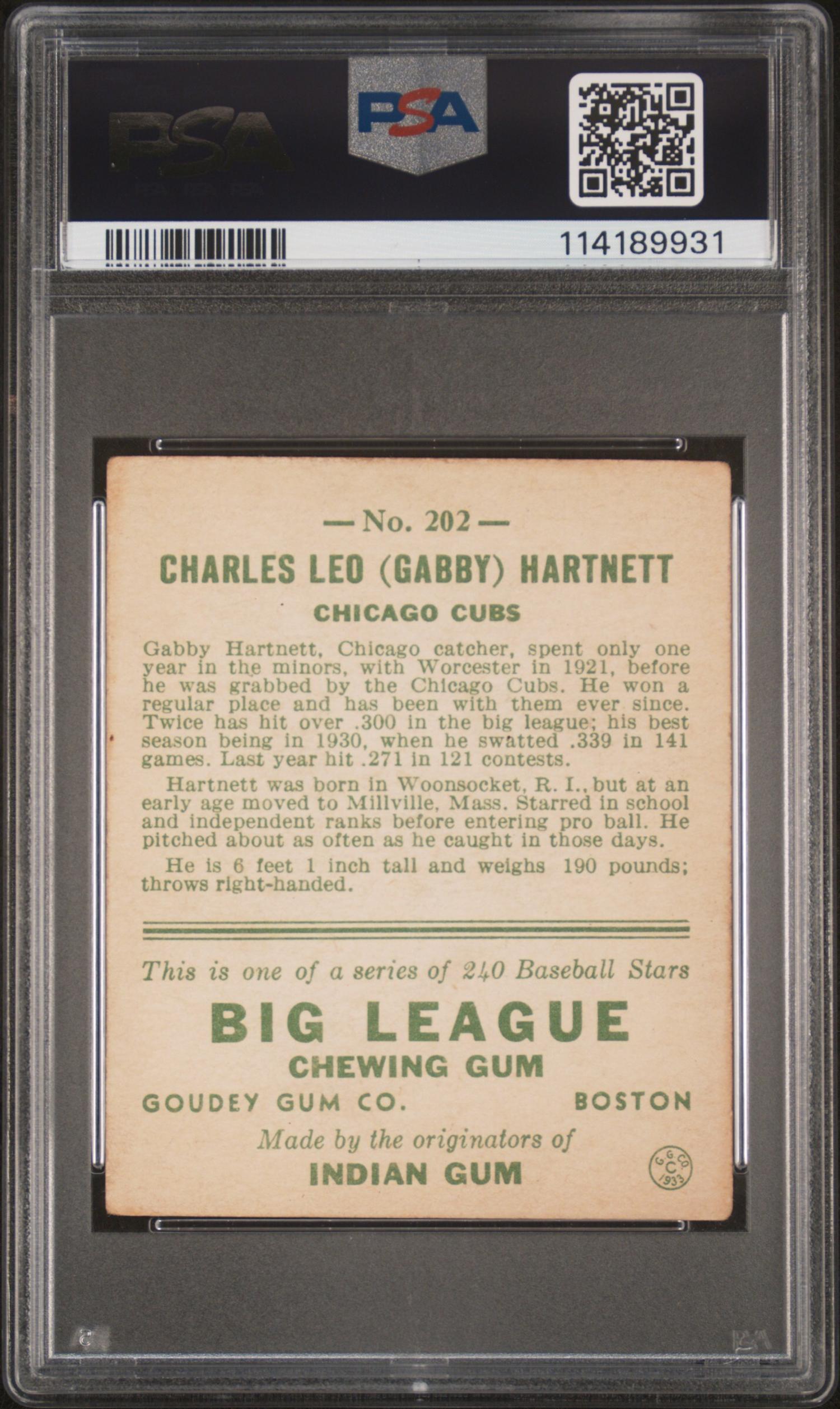 A 1933 Goudey Gabby Hartnett Baseball Card No. 202 (PSA 2 GOOD)