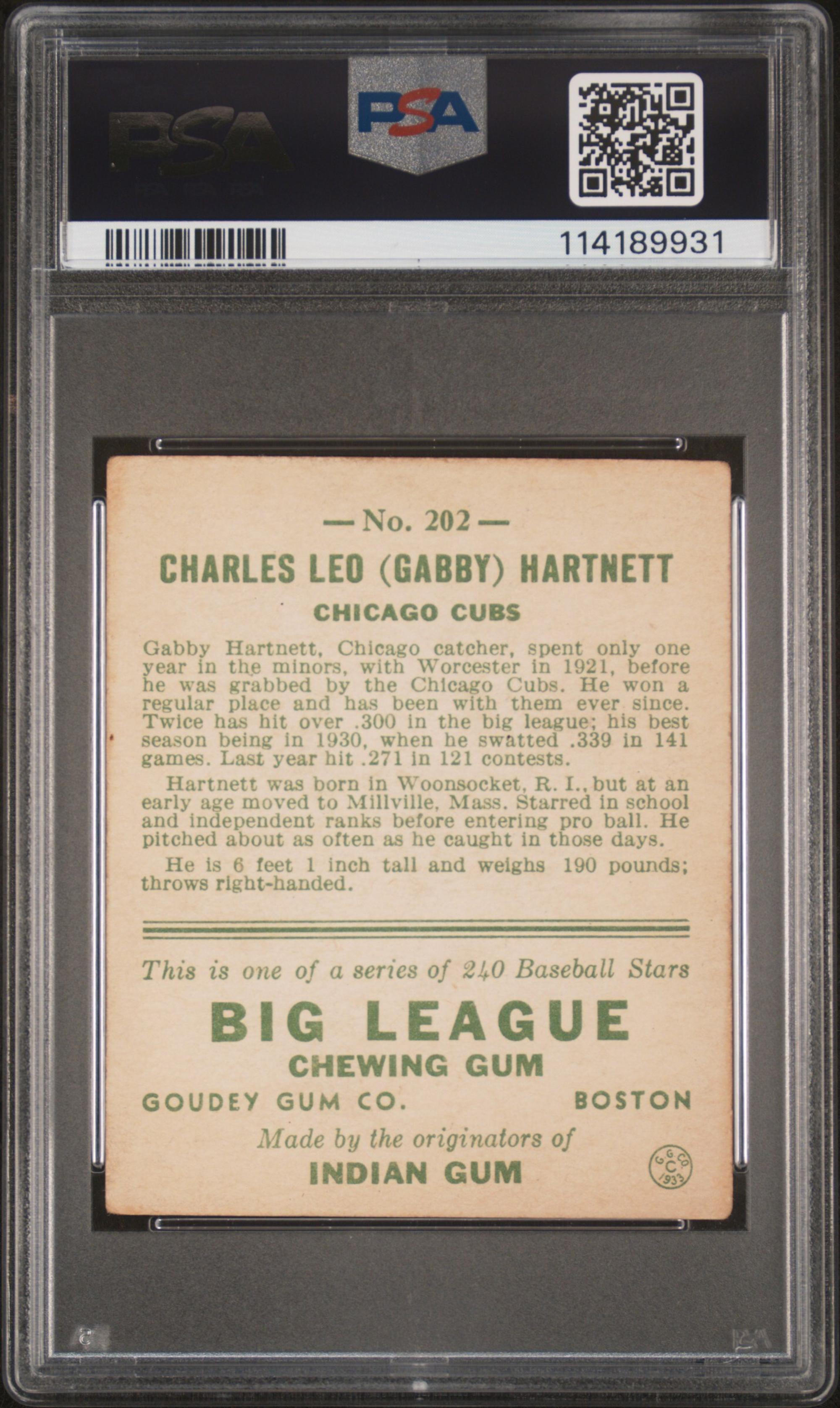 A 1933 Goudey Gabby Hartnett Baseball Card No. 202 (PSA 2 GOOD)