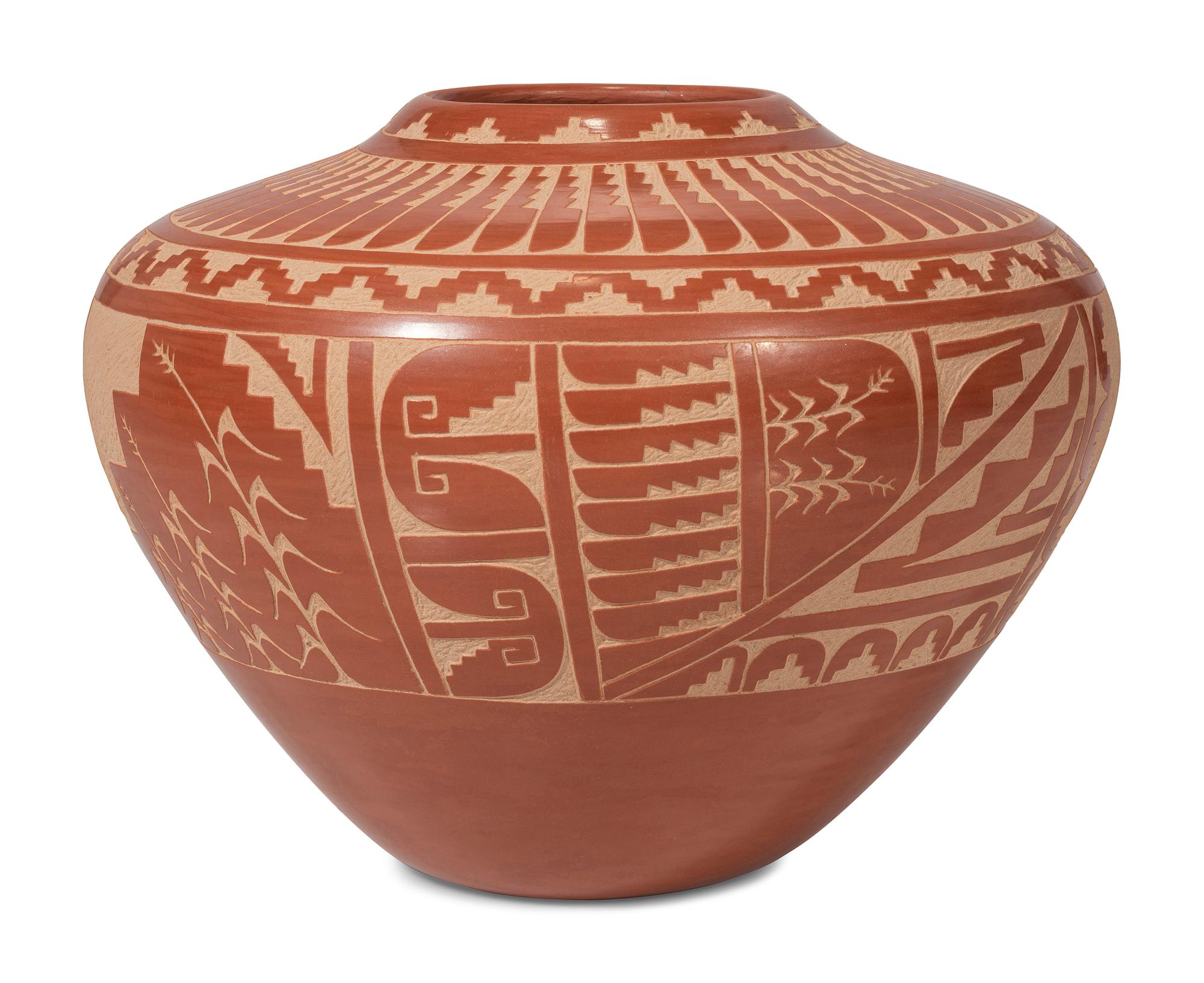 Redware Sgraffito Pottery Jar, with Corn and Kokopelli