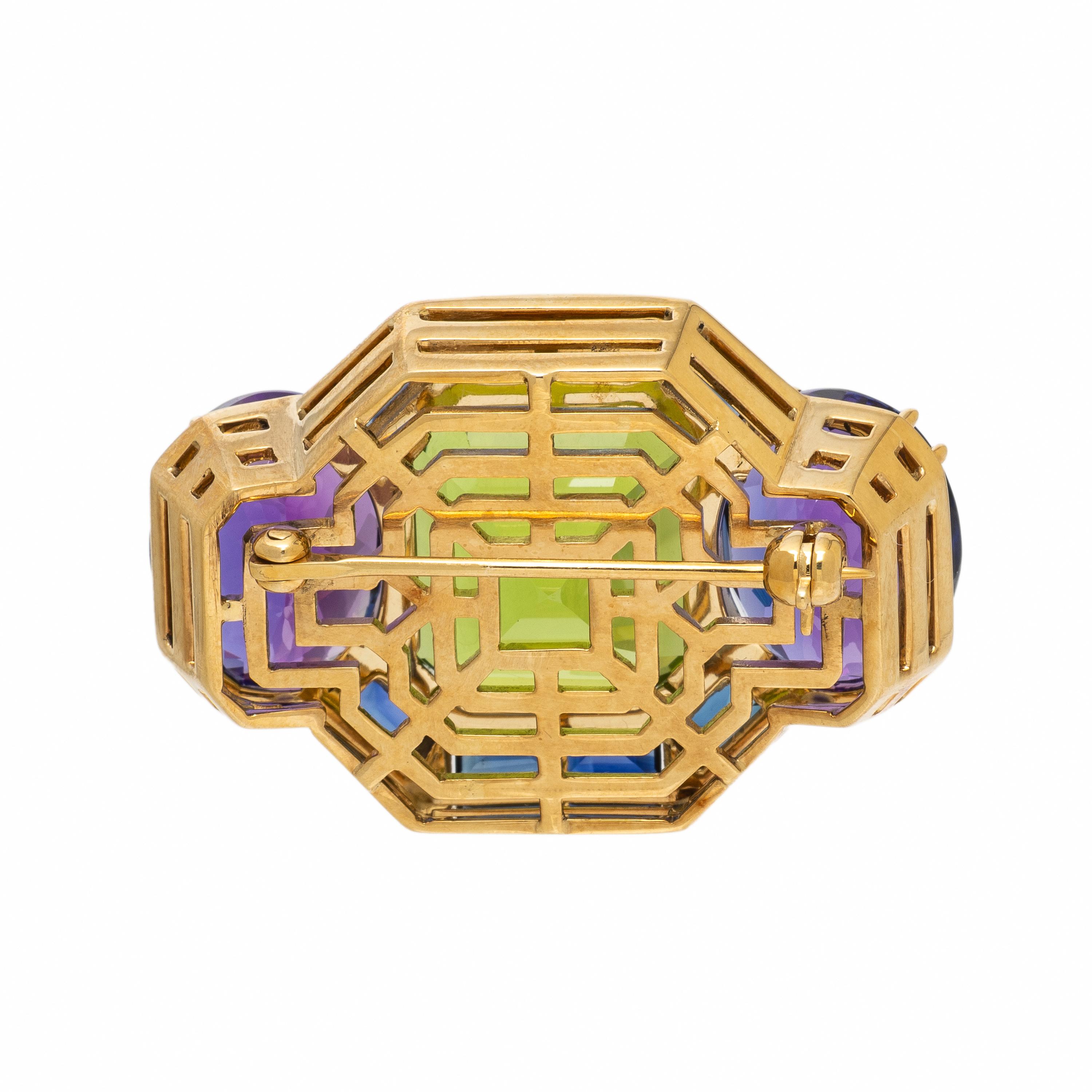 Peridot, Tanzanite, and Yellow Gold Brooch