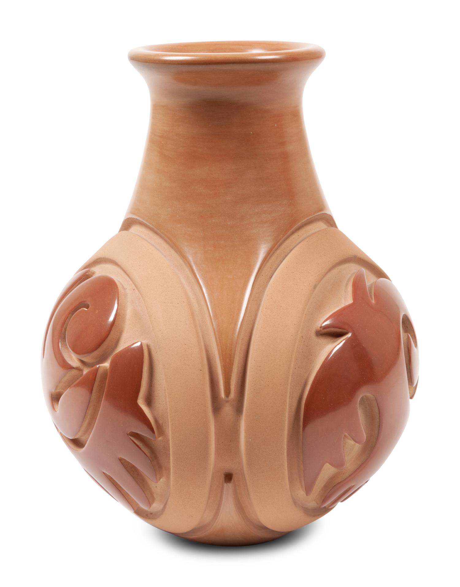 Carved Two-Toned Redware Pottery Jar