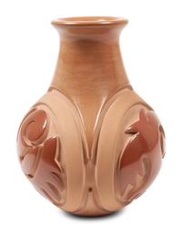 Carved Two-Toned Redware Pottery Jar