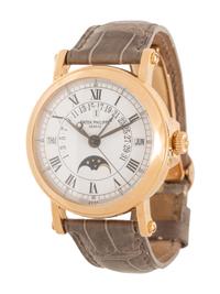 PATEK PHILIPPE, REF. 5059R 18K ROSE GOLD OFFICER'S CASE PERPETUAL CALENDAR, MOONPHASE WATCH, BOX & PAPERS