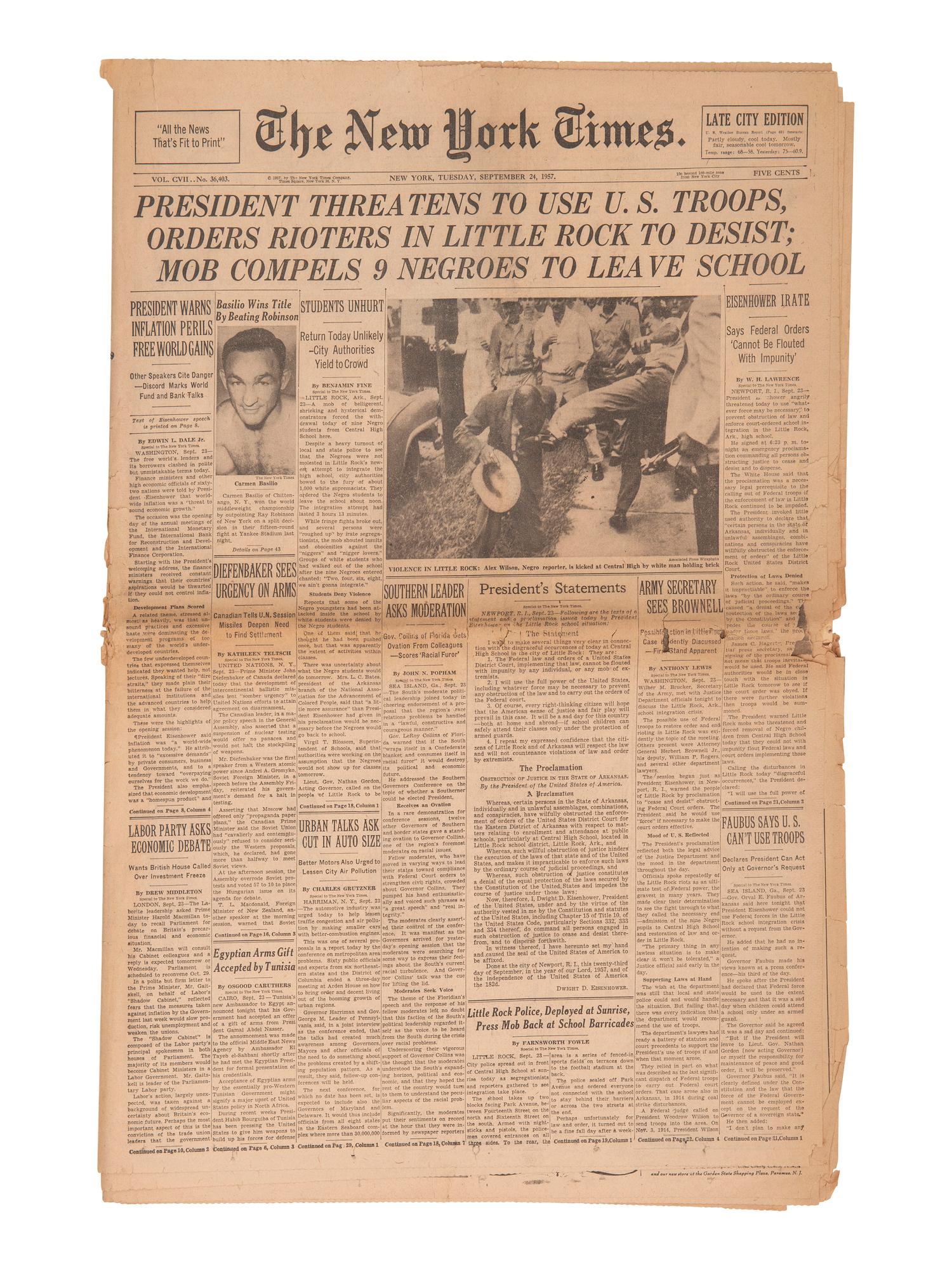 [CIVIL RIGHTS]. New York Times . 5 issues featuring headlines covering milestones of the 1950s-1960s.