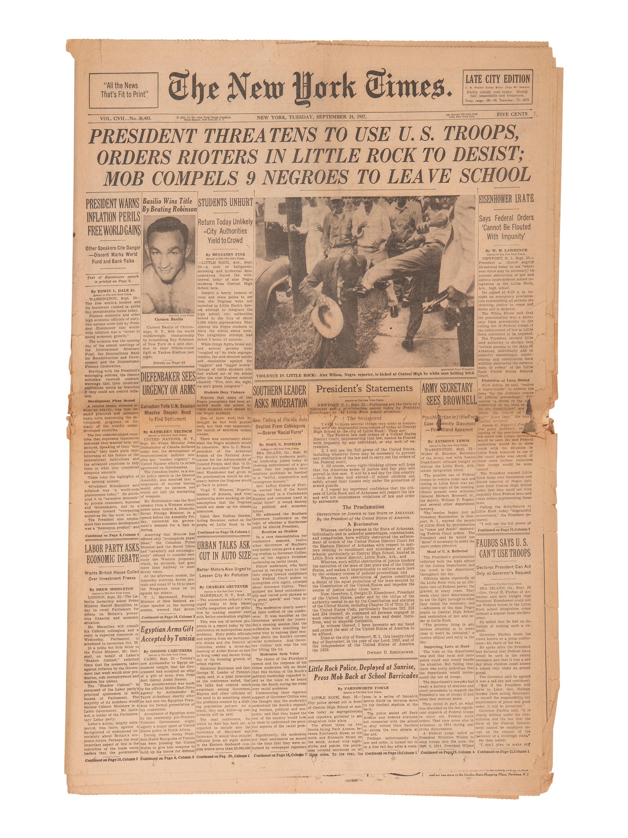 [CIVIL RIGHTS]. New York Times . 5 issues featuring headlines covering milestones of the 1950s-1960s.