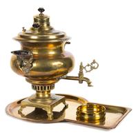 A Russian Brass Samovar with Undertray Height 16 3/4 inches. — 19TH CENTURY
