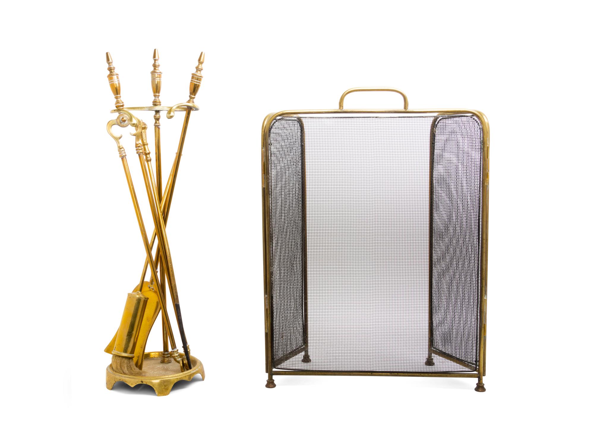 A Group of English Brass or Wirework Fireplace Tools