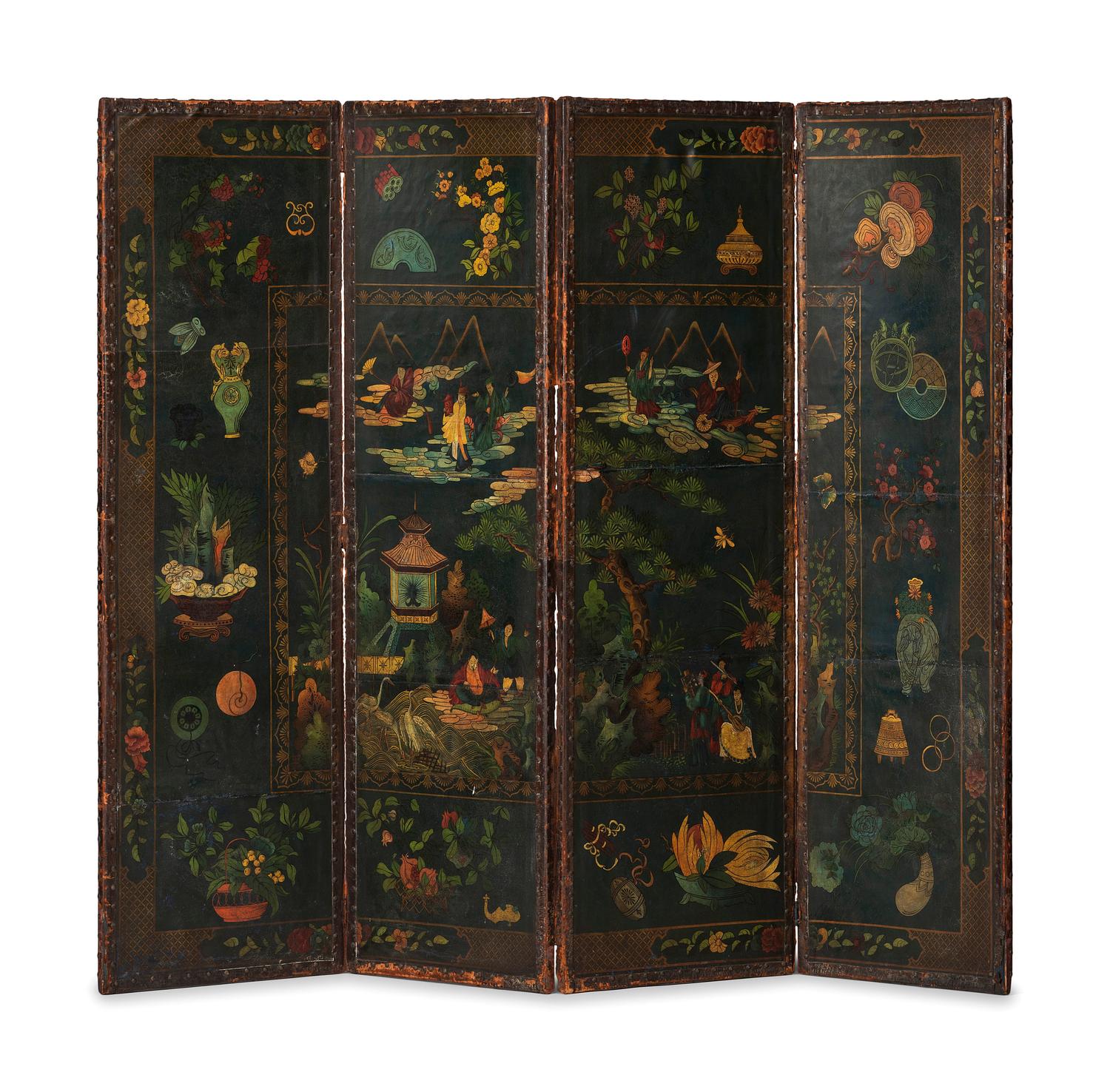 A Four Panel Chinoiserie Decorated Leather Folding Screen