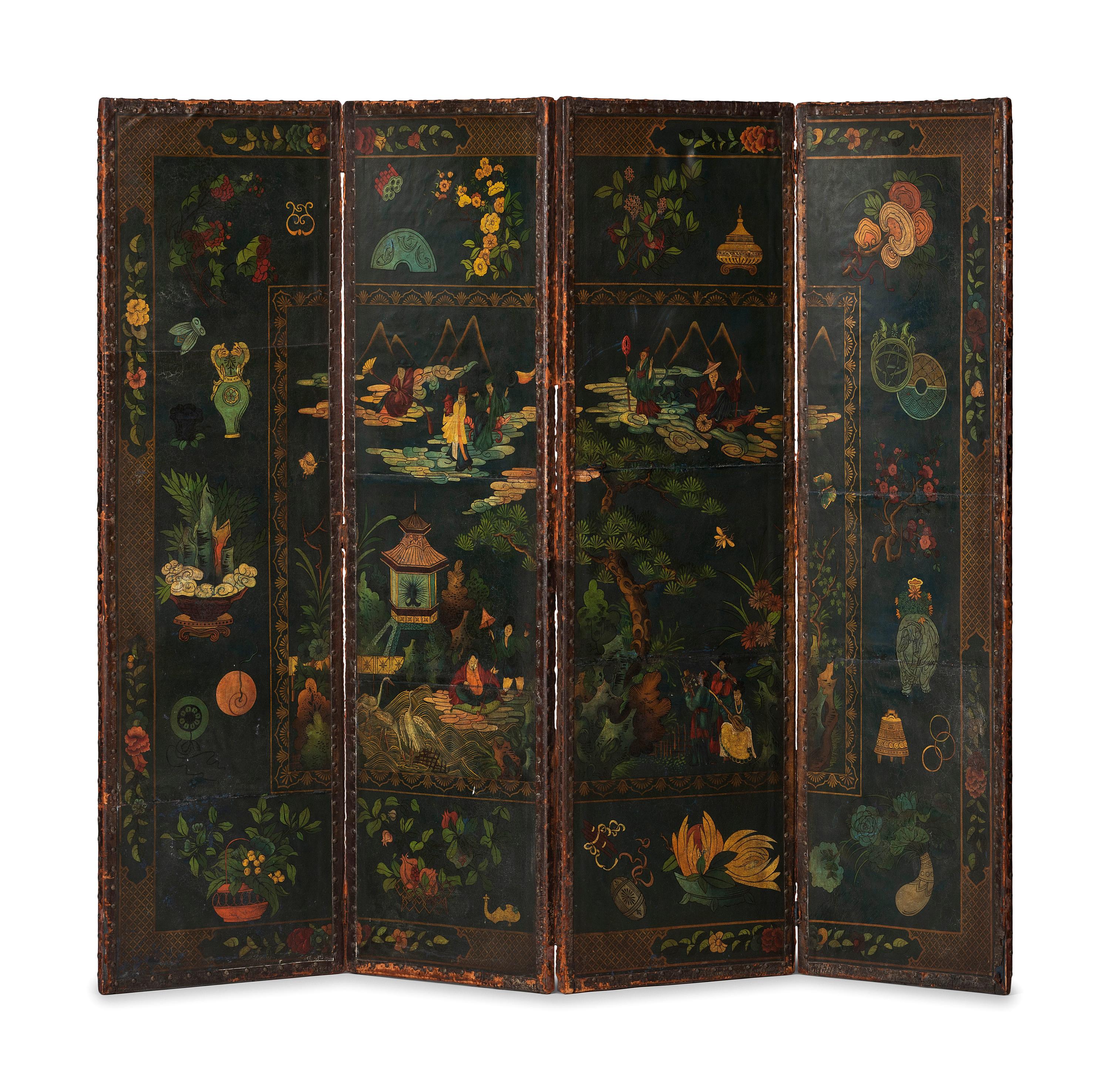 A Four Panel Chinoiserie Decorated Leather Folding Screen