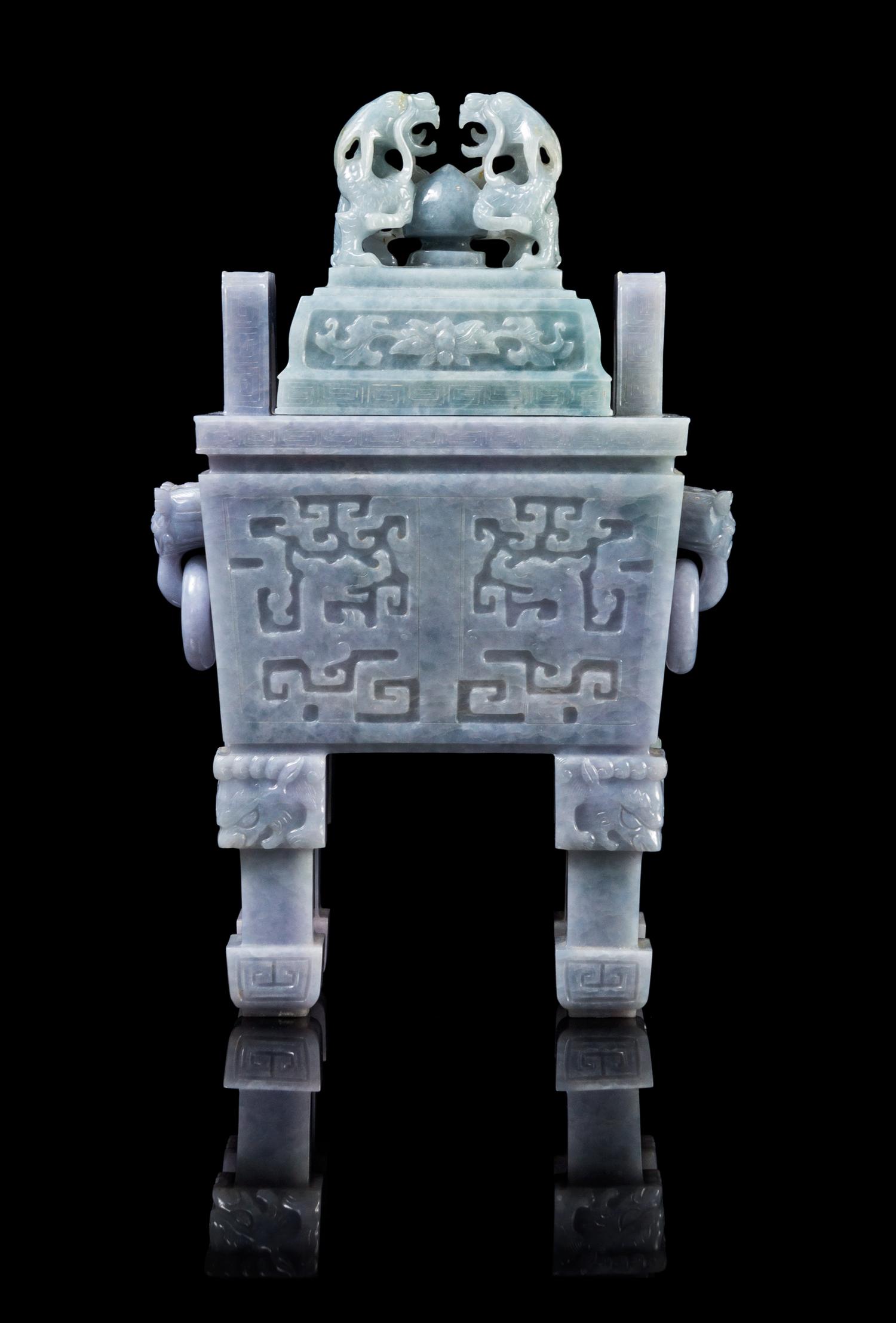 A Chinese Lavendar Jadeite Fang Ding LATE QING DYNASTY/MID-20TH CENTURY Height 11 3/4 x width 7 1/2 inches. — LATE QING DYNASTY/MID-20TH CENTURY