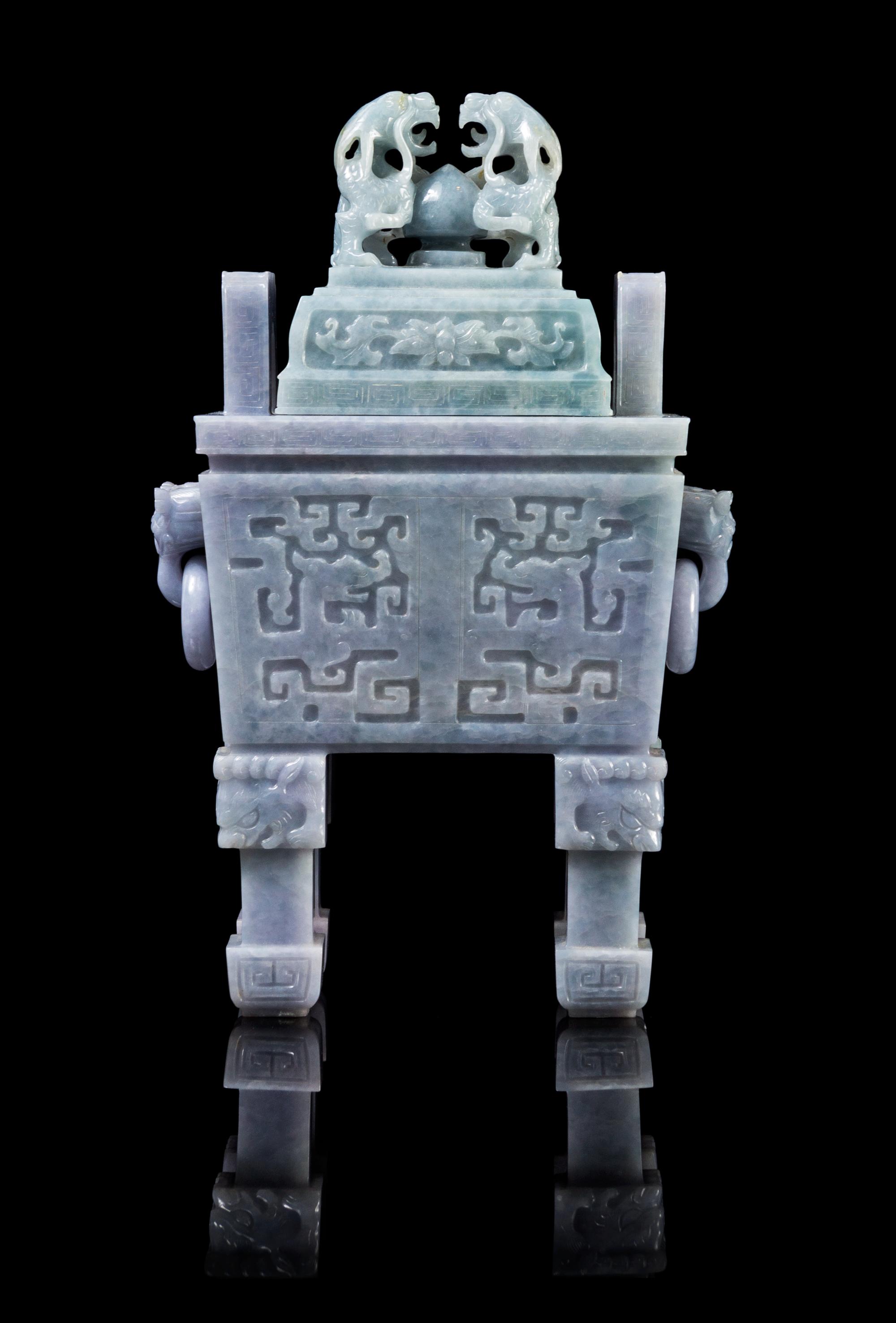 A Chinese Lavendar Jadeite Fang Ding LATE QING DYNASTY/MID-20TH CENTURY Height 11 3/4 x width 7 1/2 inches. — LATE QING DYNASTY/MID-20TH CENTURY