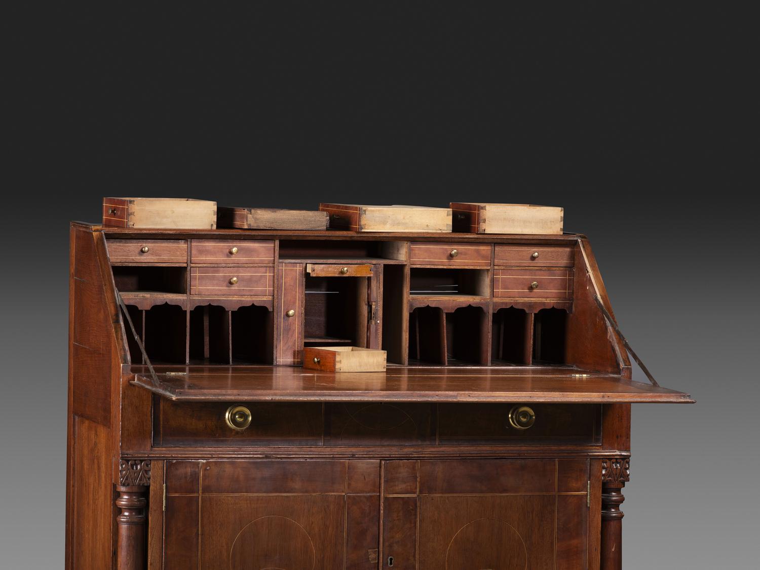 A Late Federal String Inlaid Walnut Slant-Front Secretary Desk