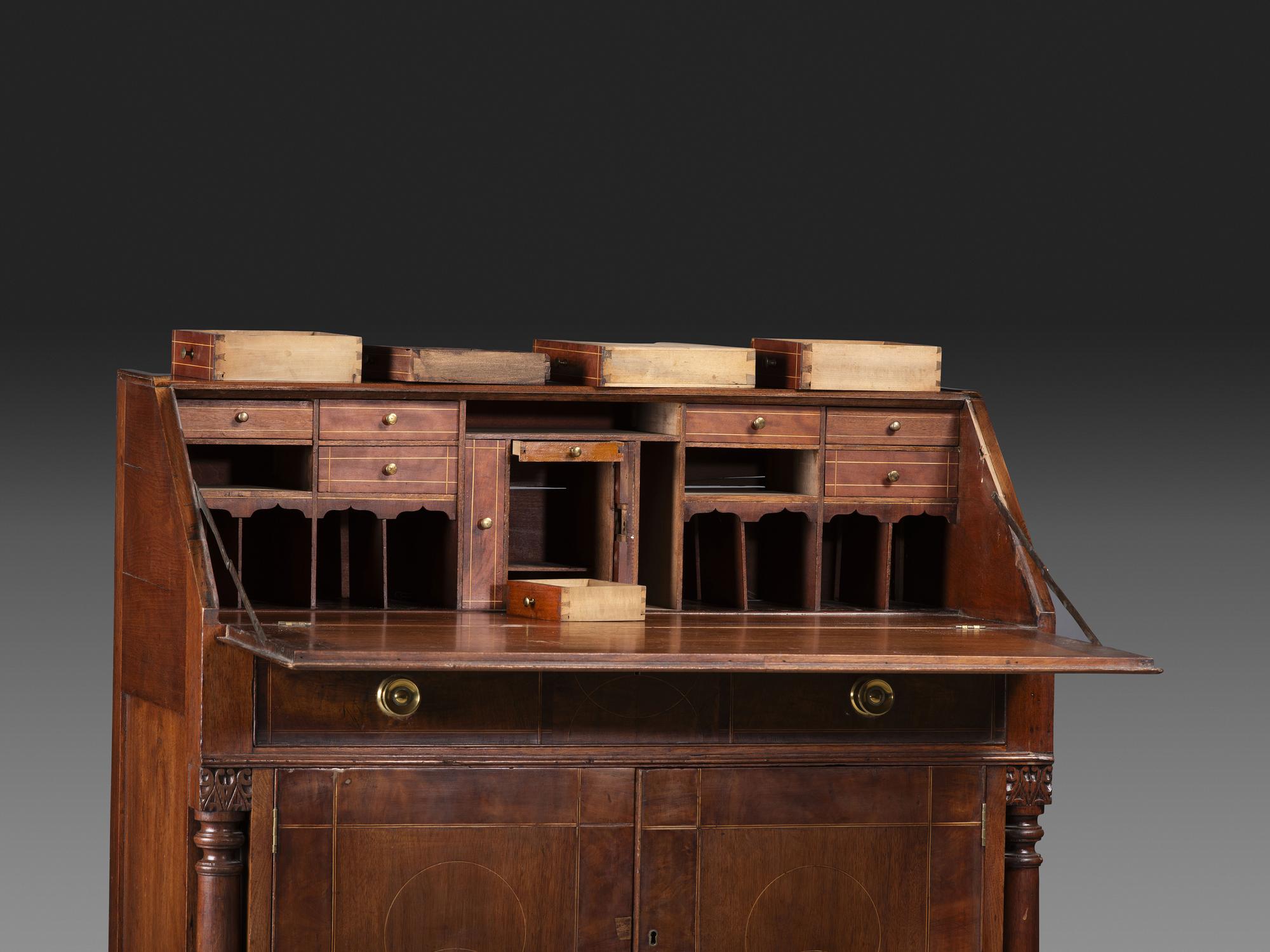 A Late Federal String Inlaid Walnut Slant-Front Secretary Desk