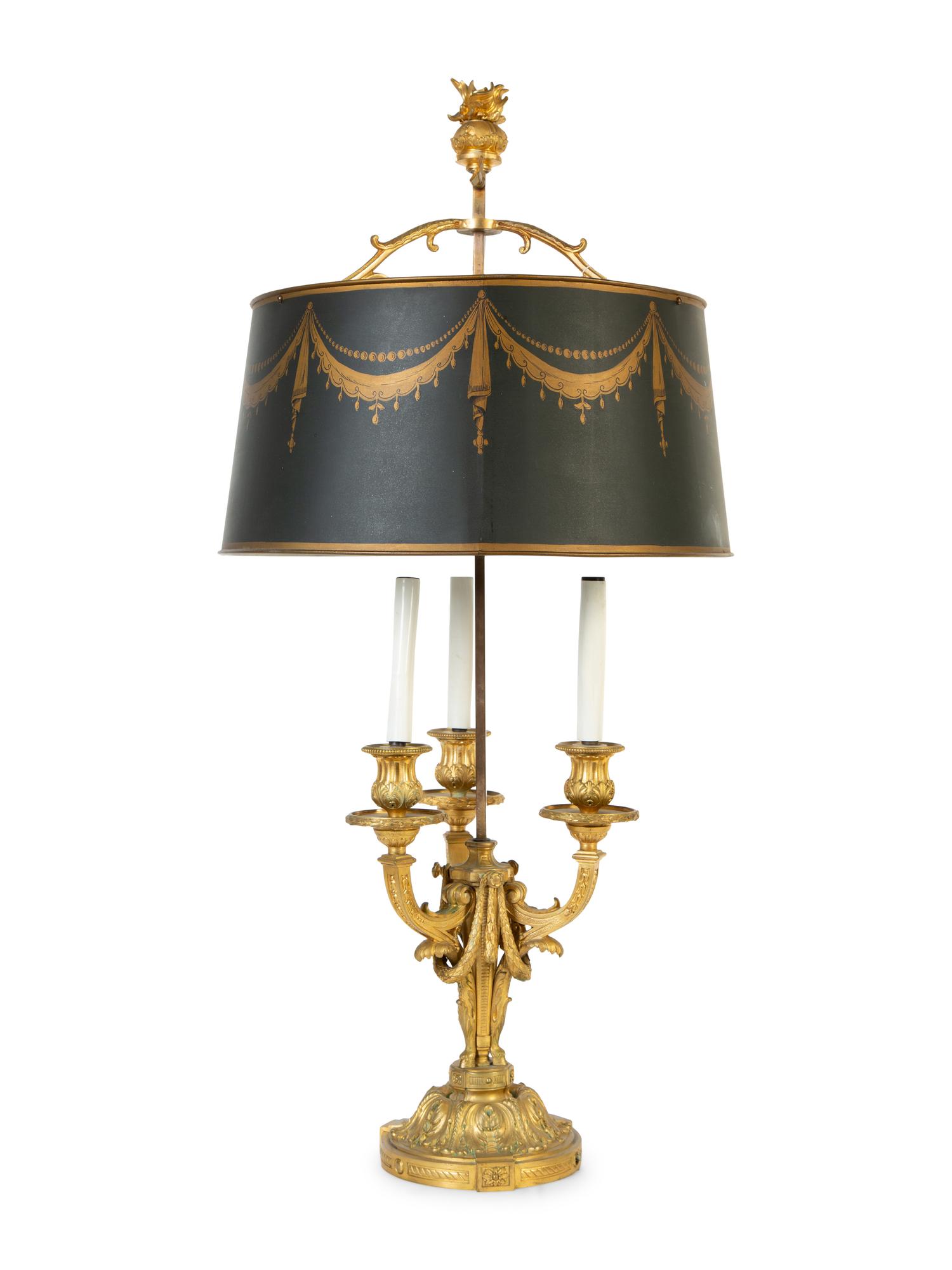 A Louis XVI Style Gilt Bronze Bouillotte Lamp with Tole Shade — 19TH CENTURY