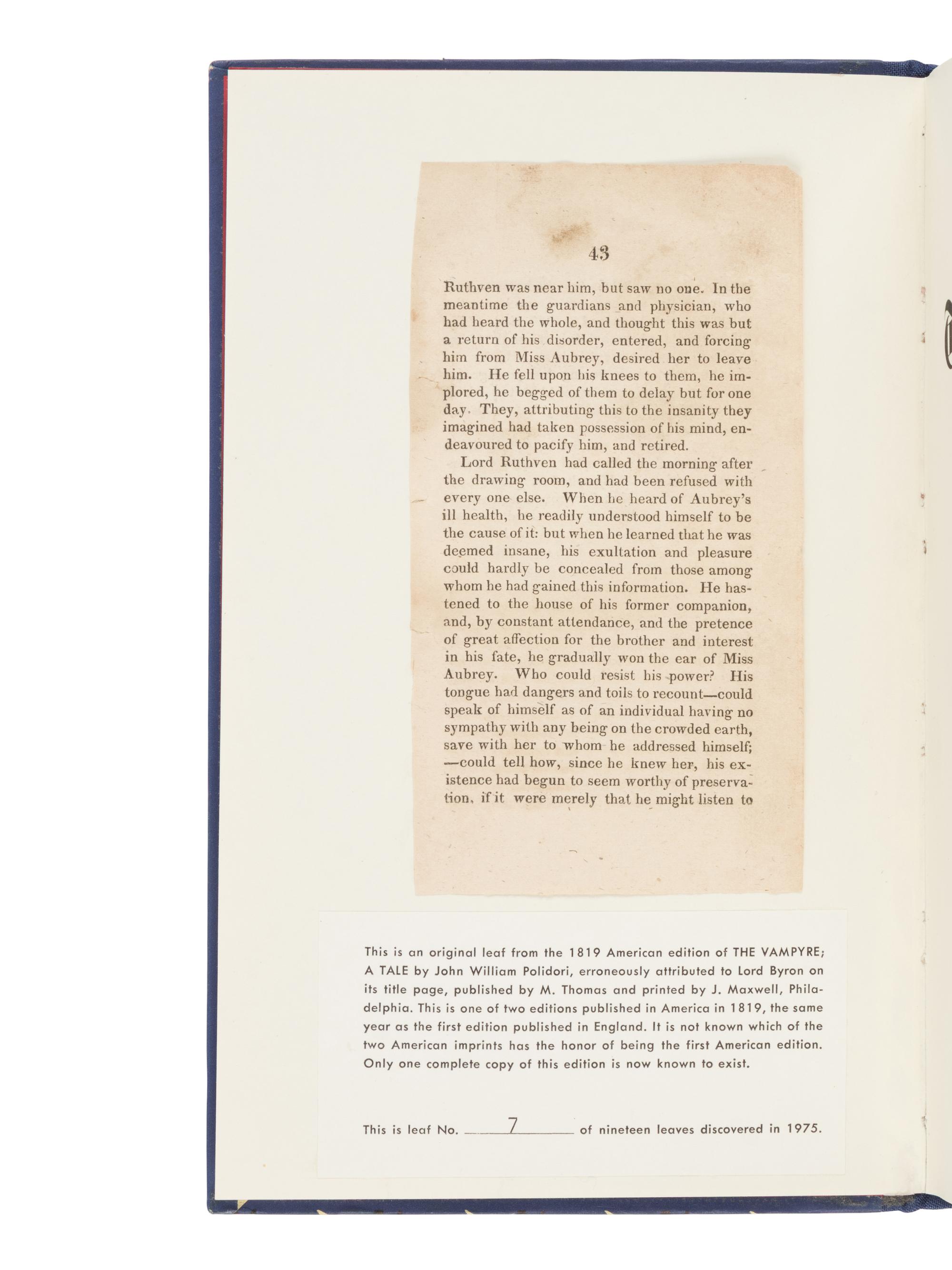 [LEAF BOOK]. POLIDORI, John William (1795-1821). The Vampyre: A Tale, with an introductory note about the tale and its author by Russell Ash together with the background history on which the superstition is based . Herefordshire: The Gubblecote Press, 1974.
