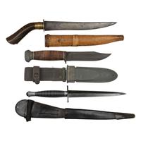 Lot of 5 WWII Fighting Knives including: USN Mark I, Sykes Fairbairn, USMC Ka-Bar, Phillippine Punal, Czech bayonet, and Theater Knife