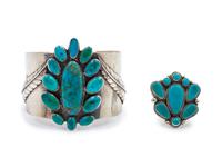 Large Silver and Turquoise Cuff with applied leaves, together with turquoise ring