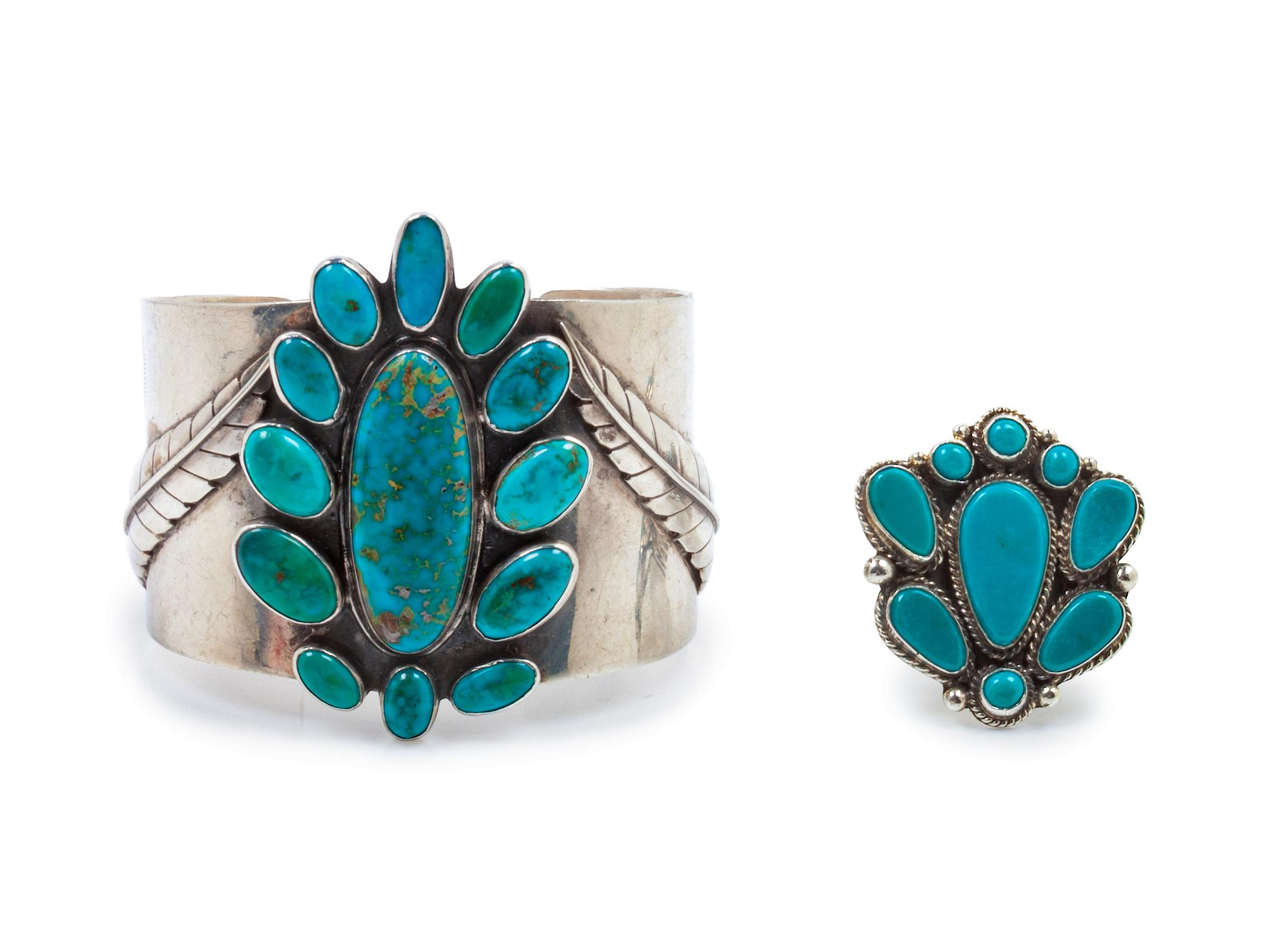 Large Silver and Turquoise Cuff with applied leaves, together with turquoise ring