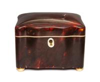 A Regency Tortoise Shell Tea Caddy, 19th Century, or rectangular form, the lid opening to a single compartment and raised on bun feet.