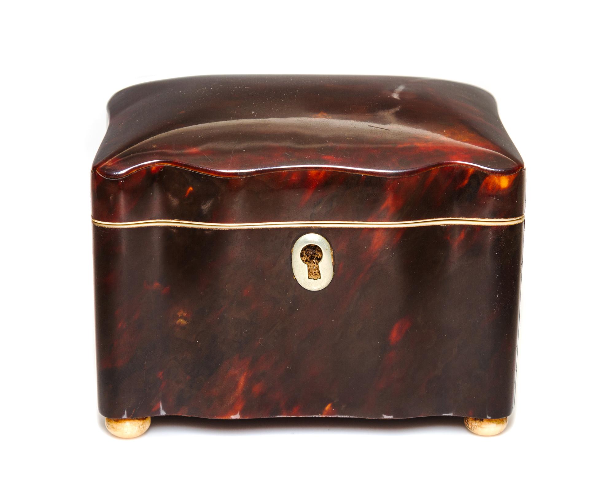 A Regency Tortoise Shell Tea Caddy, 19th Century, or rectangular form, the lid opening to a single compartment and raised on bun feet.