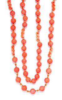A Coral and Gold Tone Bead Necklace,