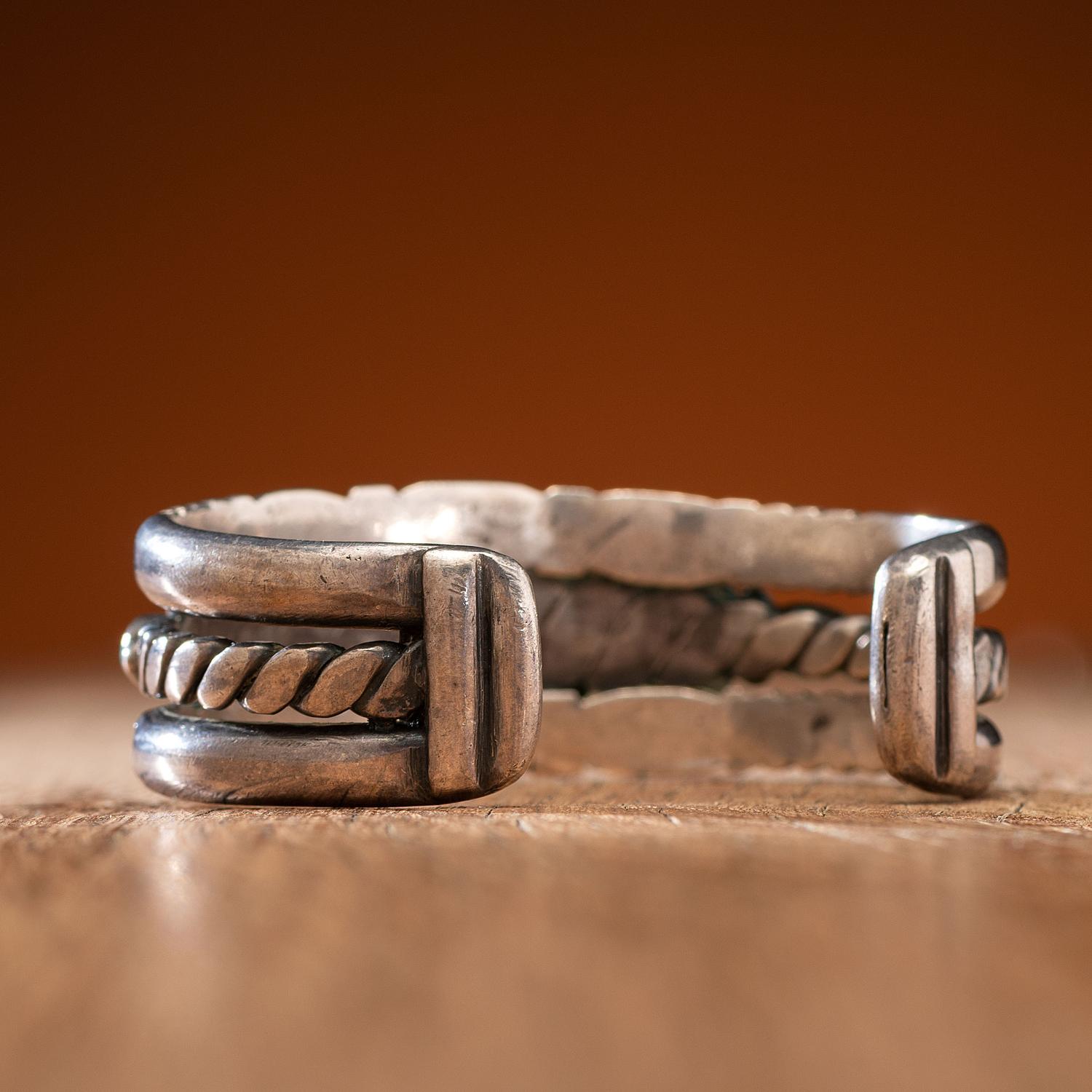 Navajo Stamped Silver and Turquoise Cuff Bracelet