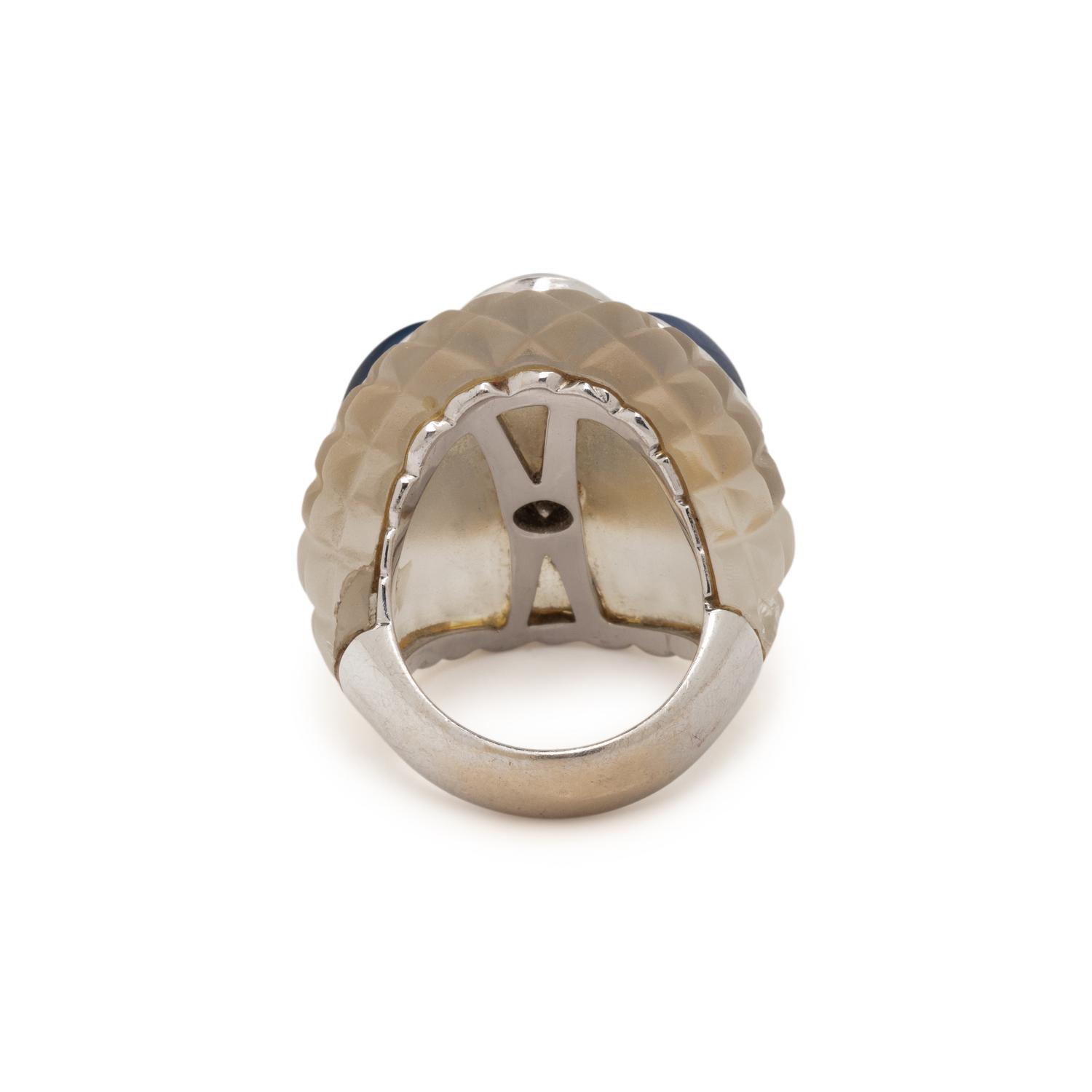 CARVED ROCK CRYSTAL, SAPPHIRE AND DIAMOND RING