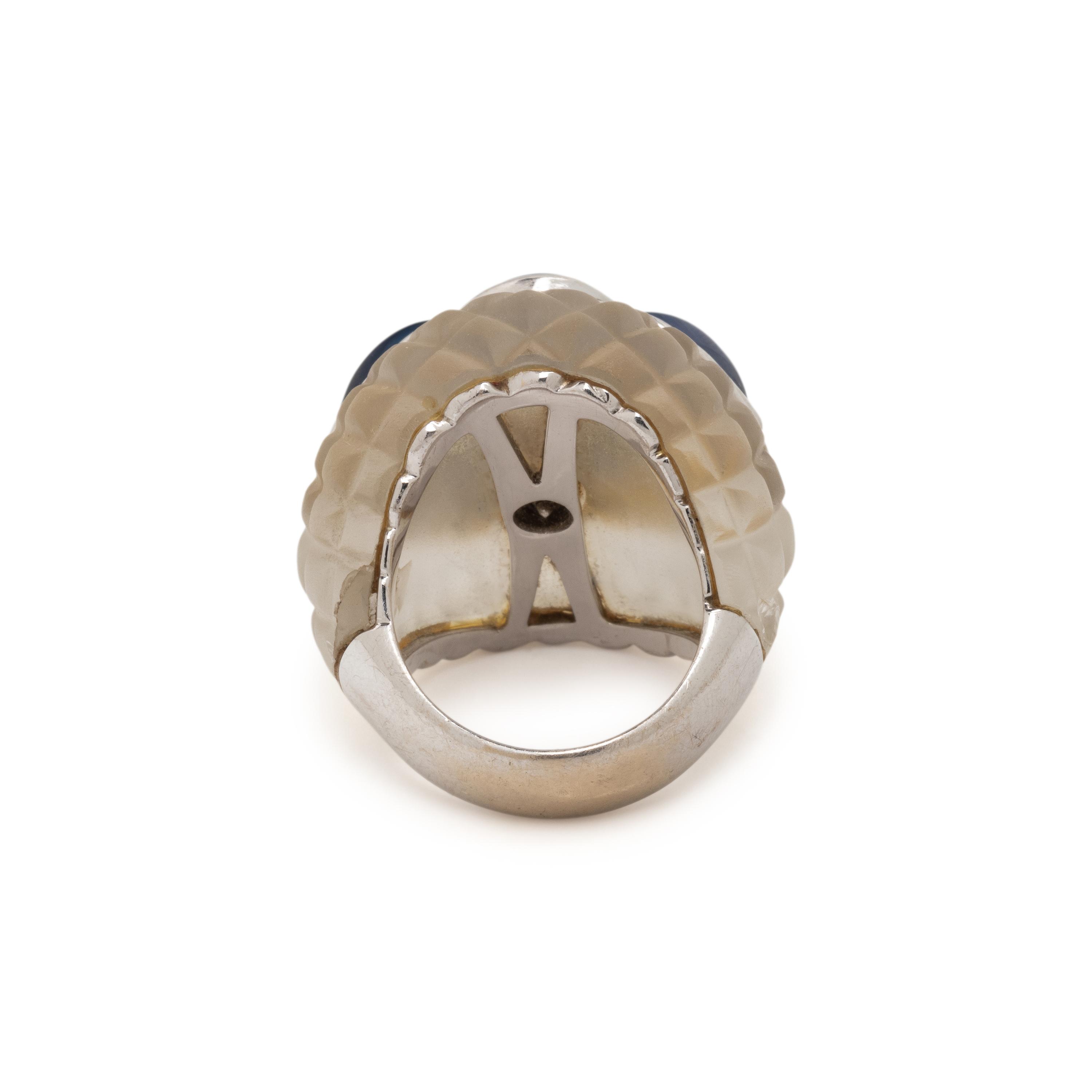 CARVED ROCK CRYSTAL, SAPPHIRE AND DIAMOND RING