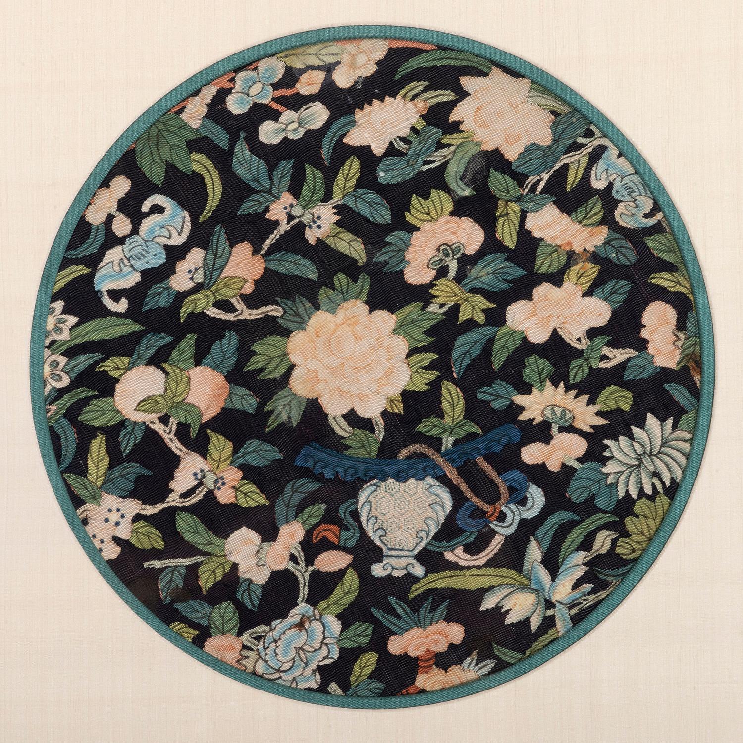 Four Blue Ground Kesi Woven Silk Circular Panels