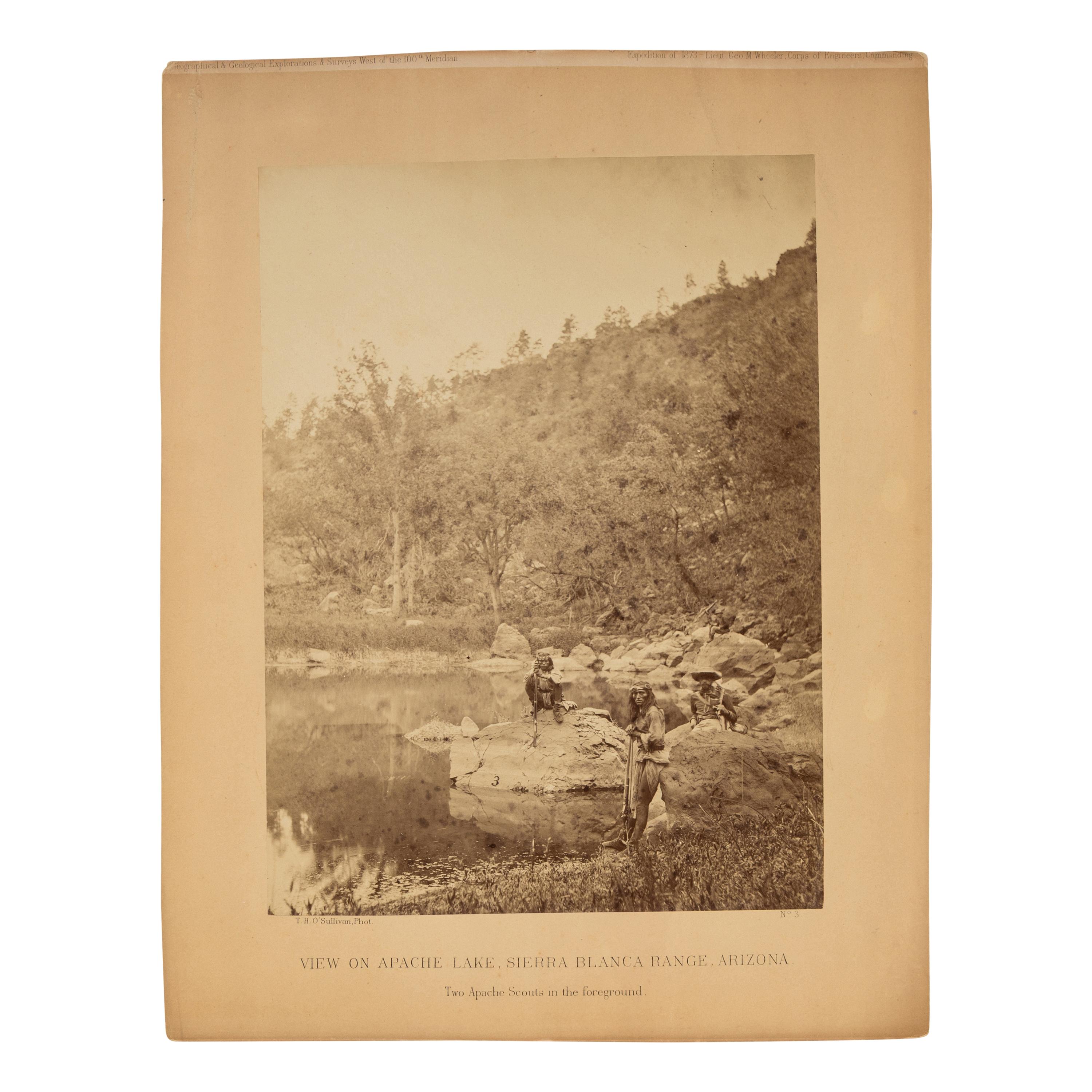 View on Apache Lake, Sierra Blanca Range, Arizona Two Apache Scouts in the foreground, 1873 (No. 3)