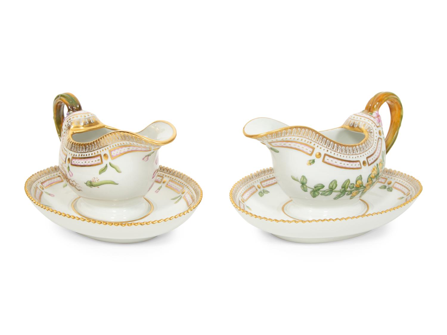 Two Royal Copenhagen Flora Danica Porcelain Sauce Boats with Affixed Underplates