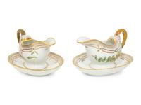 Two Royal Copenhagen Flora Danica Porcelain Sauce Boats with Affixed Underplates
