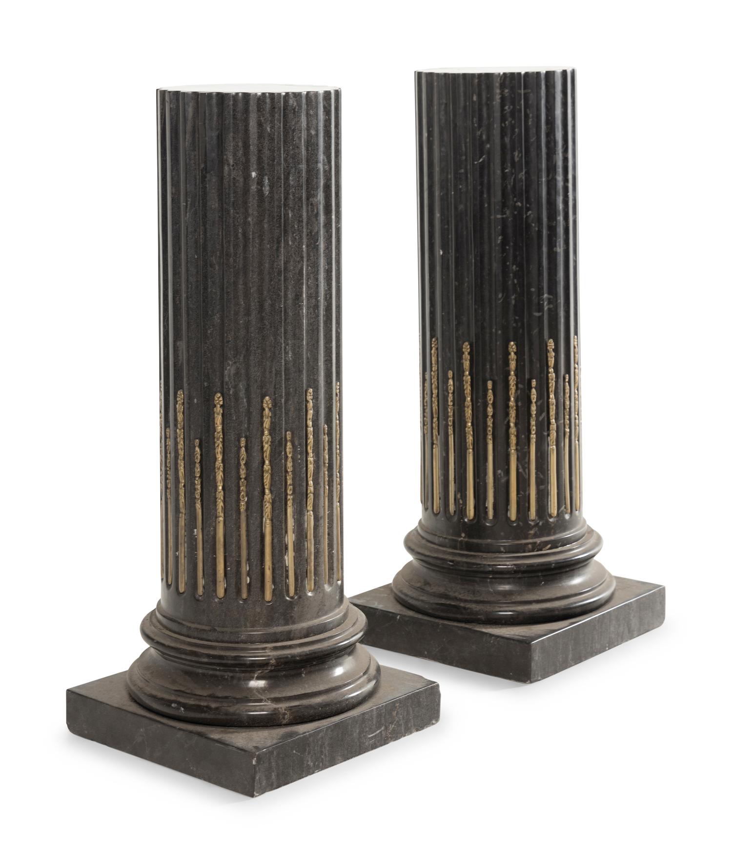 A Pair of Neoclassical Style Gilt Bronze Mounted Black Marble Pedestals