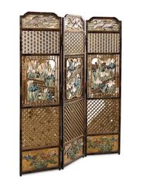 A Carved, Painted and Mother-of-Pearl Inlaid "Japonisme" Three-Panel Floor Screen