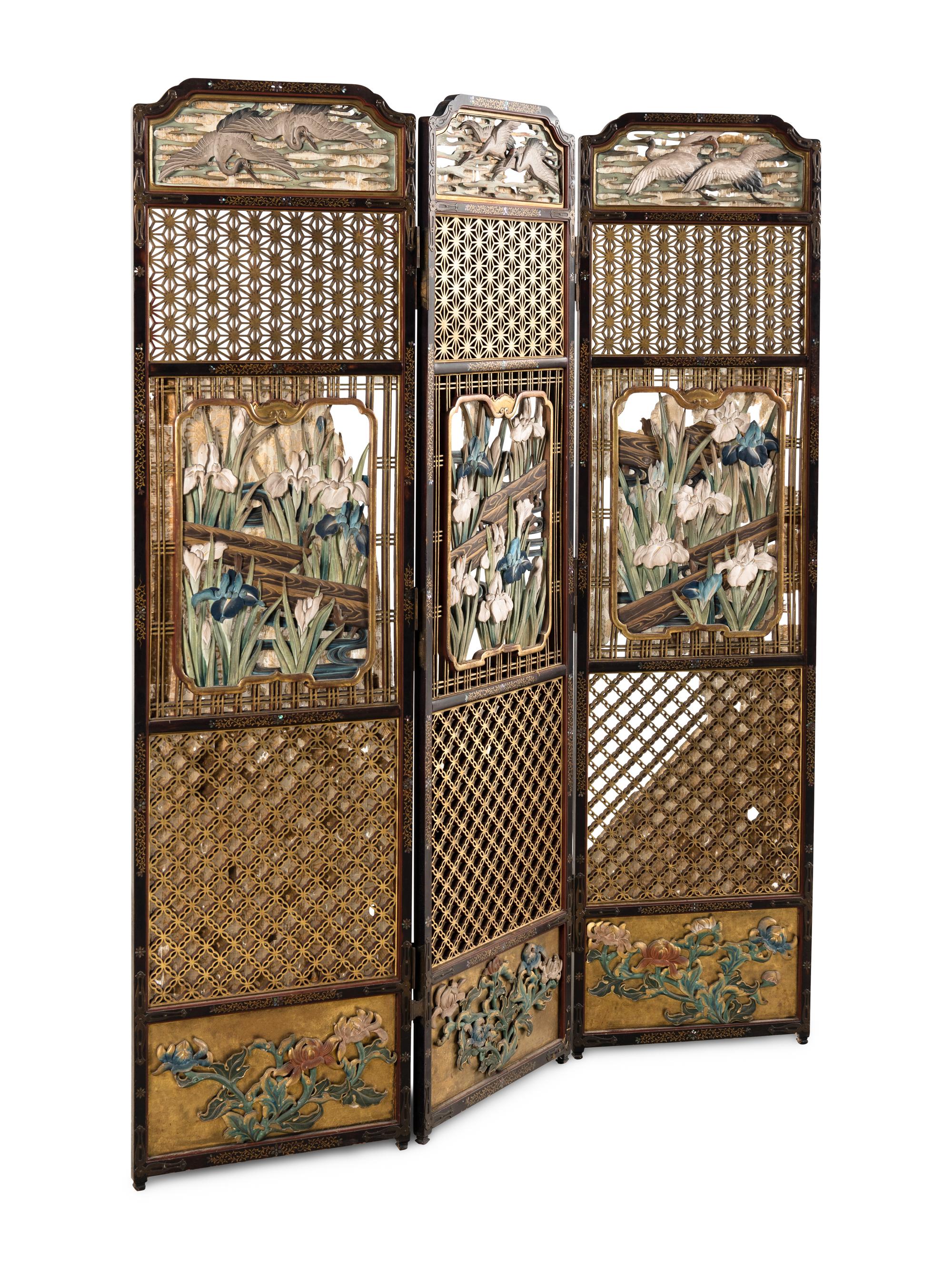 A Carved, Painted and Mother-of-Pearl Inlaid "Japonisme" Three-Panel Floor Screen
