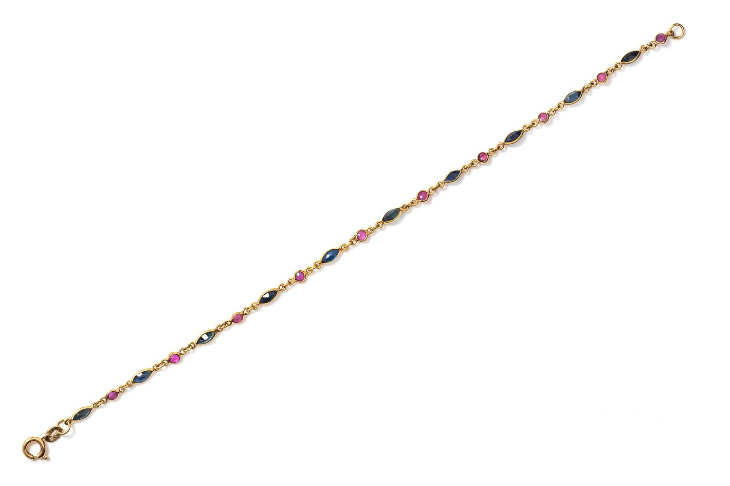 A 14 Karat Yellow Gold, Sapphire and Ruby Bracelet,