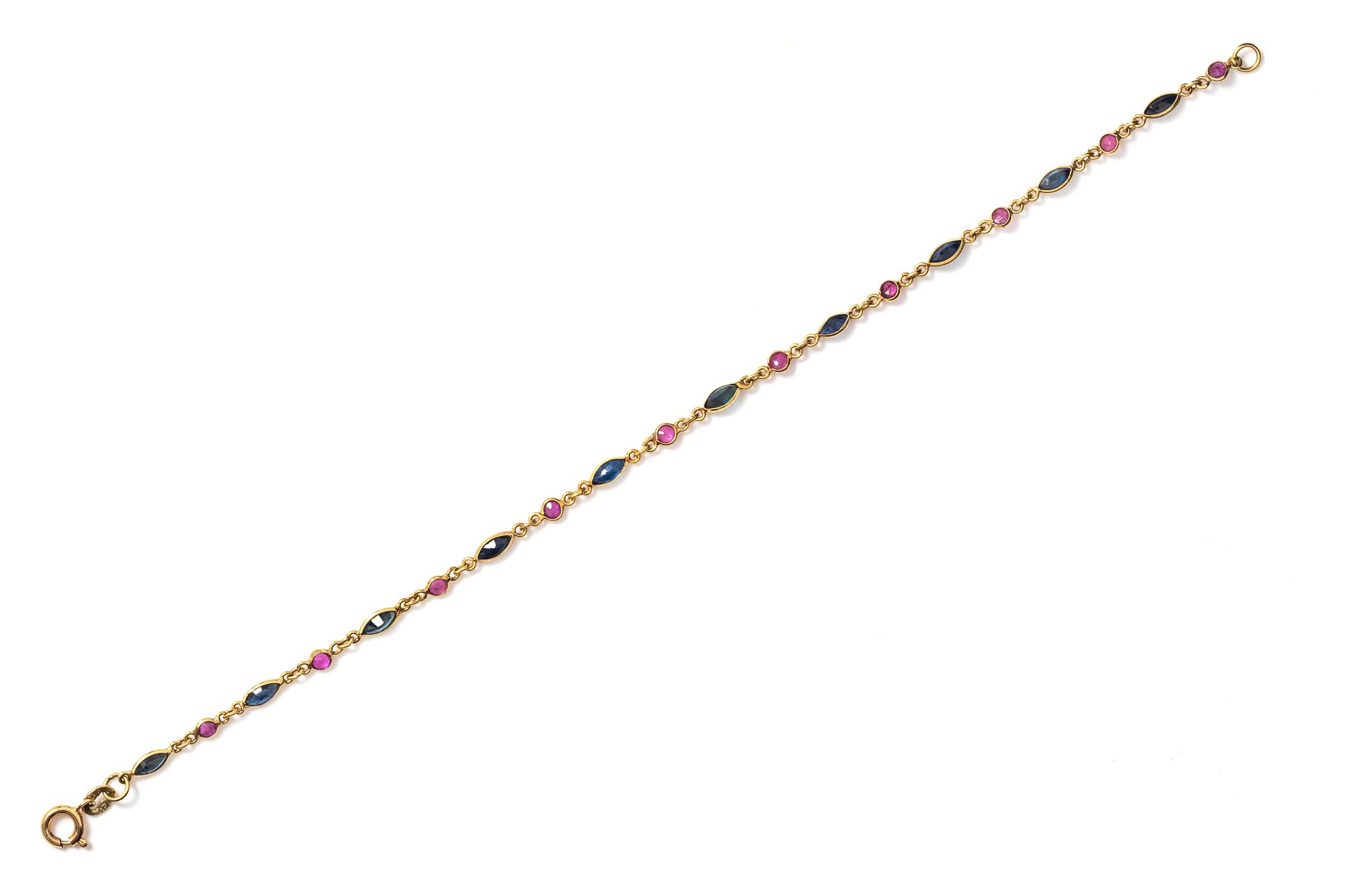 A 14 Karat Yellow Gold, Sapphire and Ruby Bracelet,