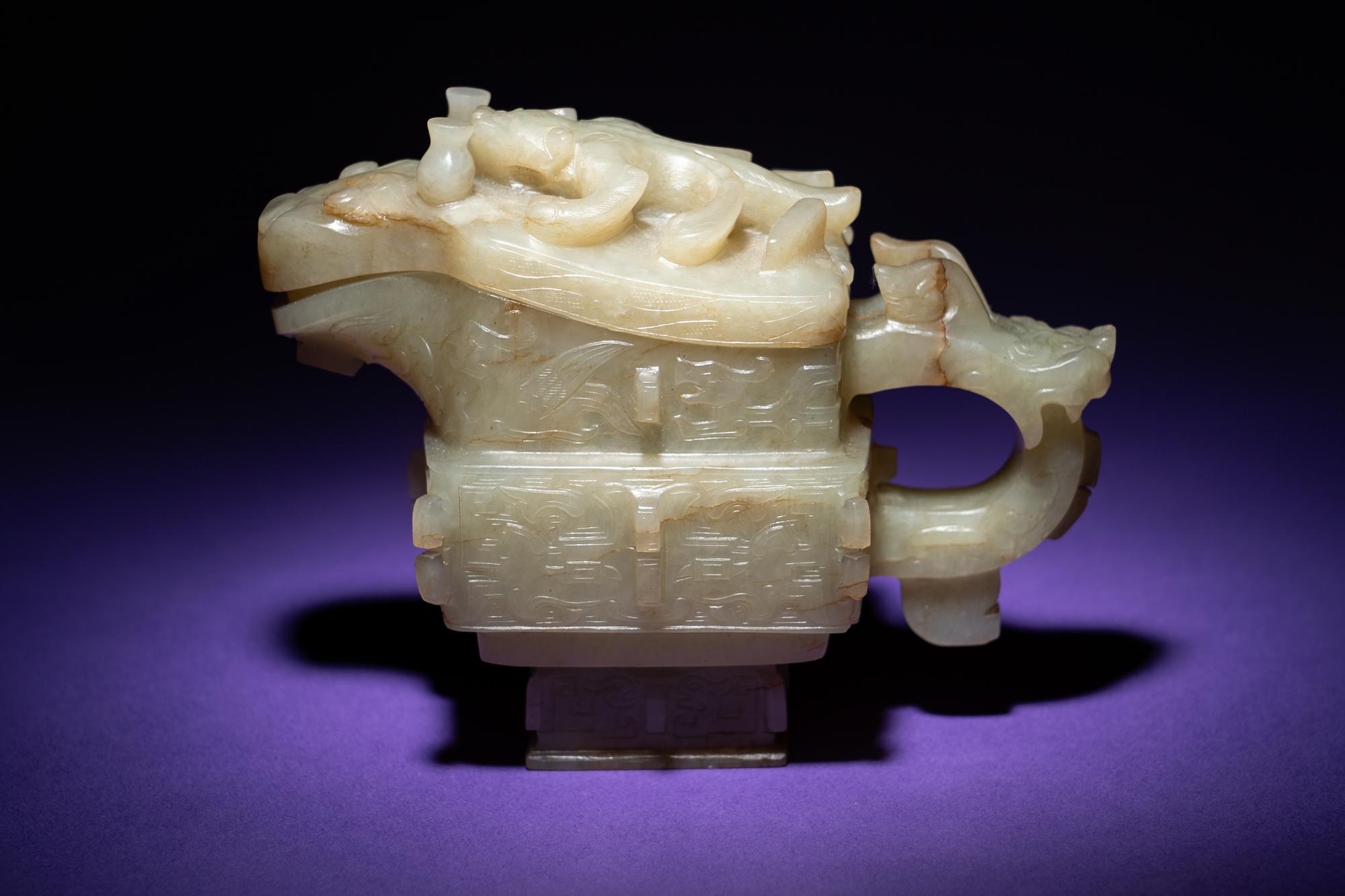 A Chinese Archaistic Pale Celadon Jade Wine Vessel, Gong
