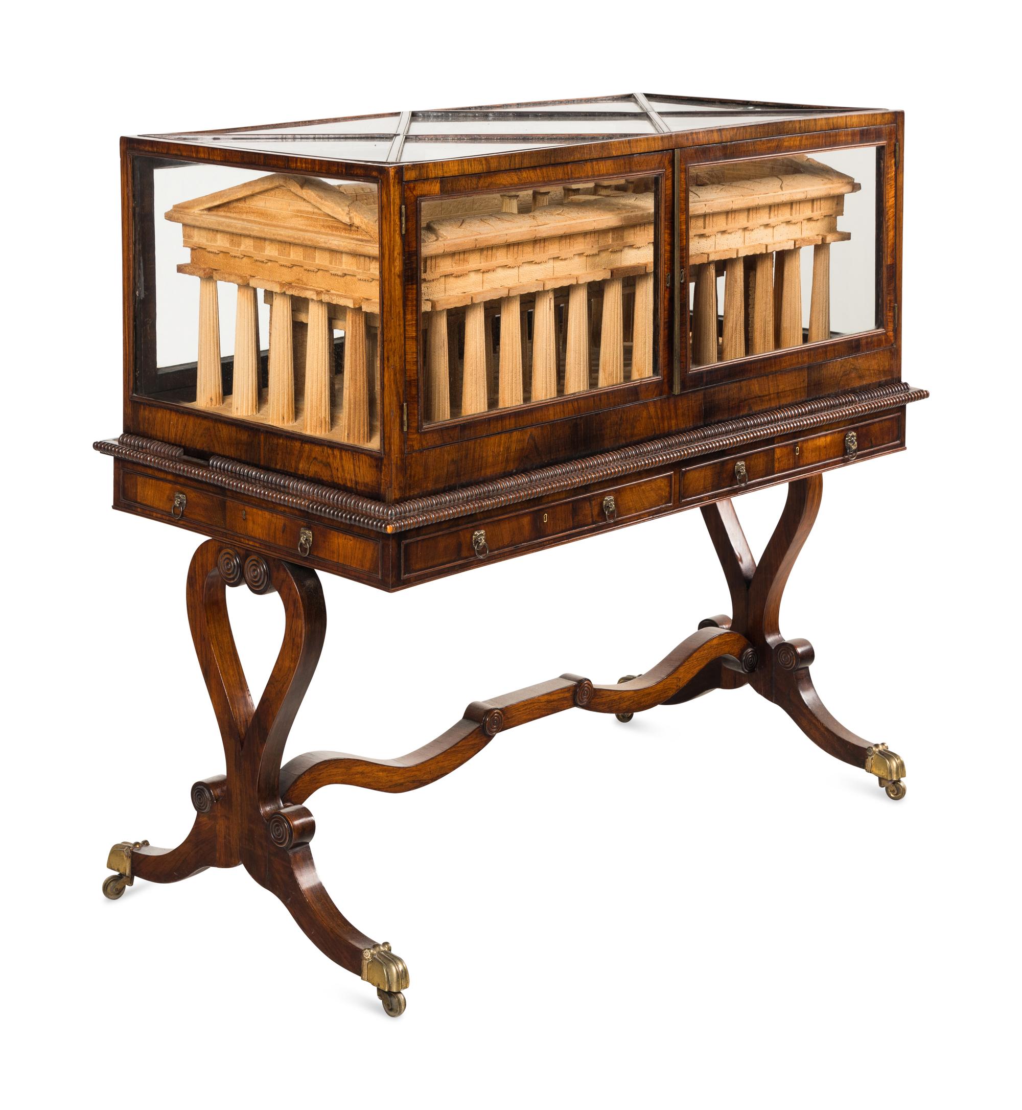 A Carved Wood Model of the Paestum Temple of Hera II in a Rosewood Display Case